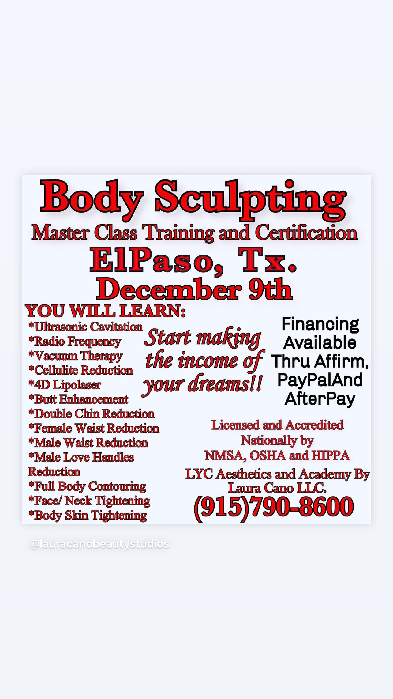 Body Sculpting Master Class Training and Certification- ElPaso, Tx. De